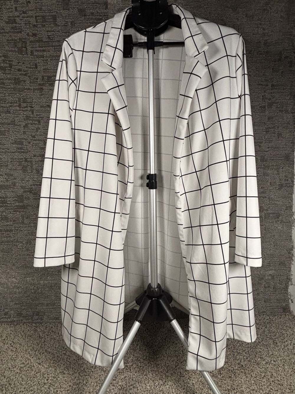 Melloday Windowpane Grid Print Long Open Front Blazer Jacket 195
